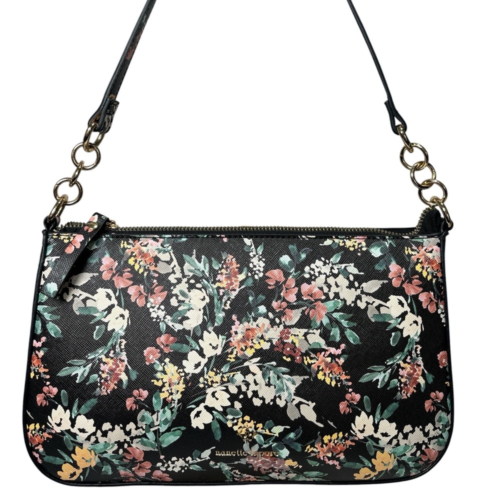 Nanette Lepore Black Floral Shoulder Bag with Gold Hardware NWOT